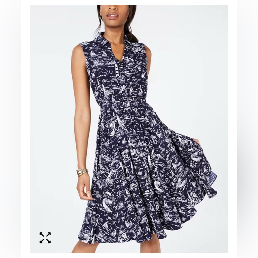 Navy and White Belted Sleeveless Dress